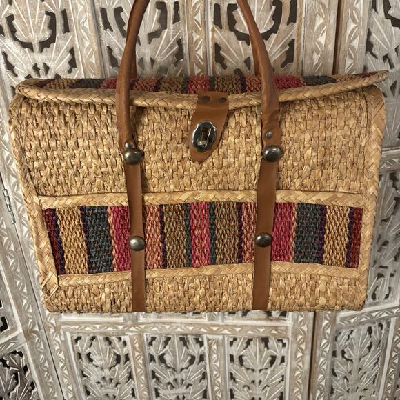 Vtg 60s Acapulco Straw Woven Small Shopper Tote Beach Bag w Multi Color Stripes - Picture 2 of 8